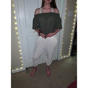 Olive Off the shoulder top with Flowy white pants